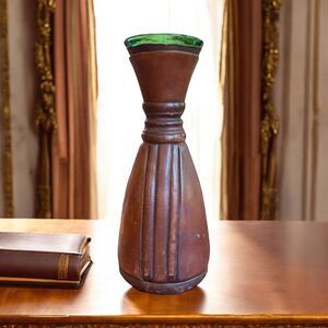 Vintage Brown Leather Wrapped Green Glass 11.5” Tall Wine Carafe Made In‎ Italy